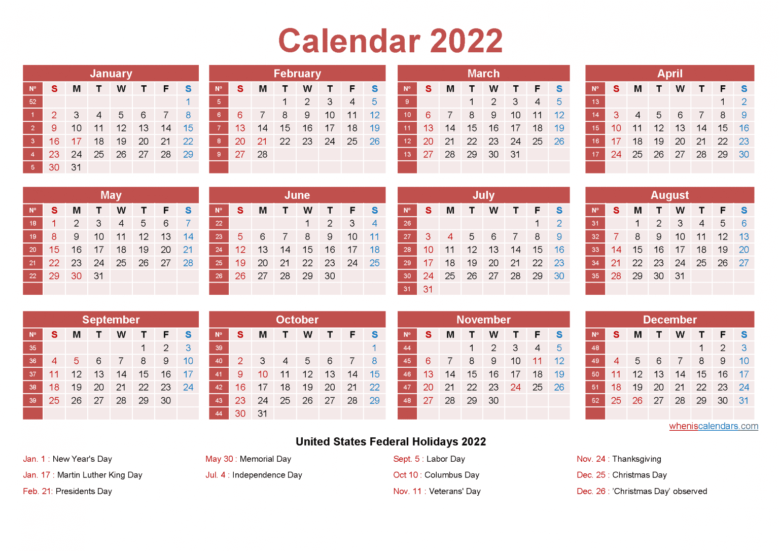 2022 One Page Calendar Printable 9352