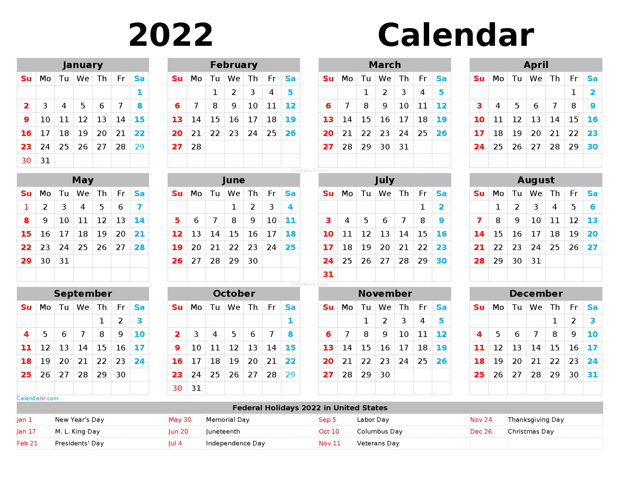 download free printable yearly calendar 2022 pdf png free year 2022