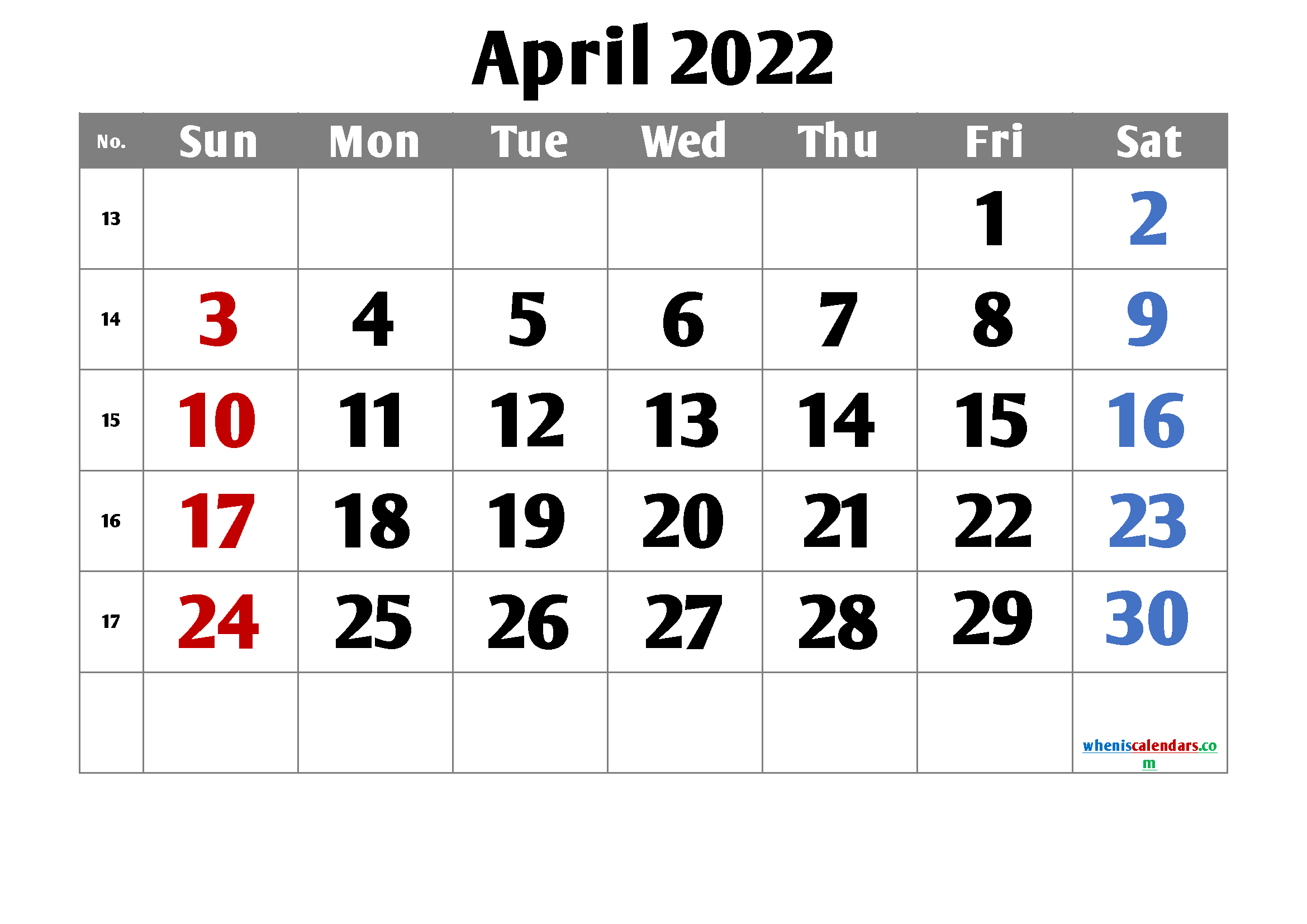 Free Printable Calendar April 2022 With Week Numbers