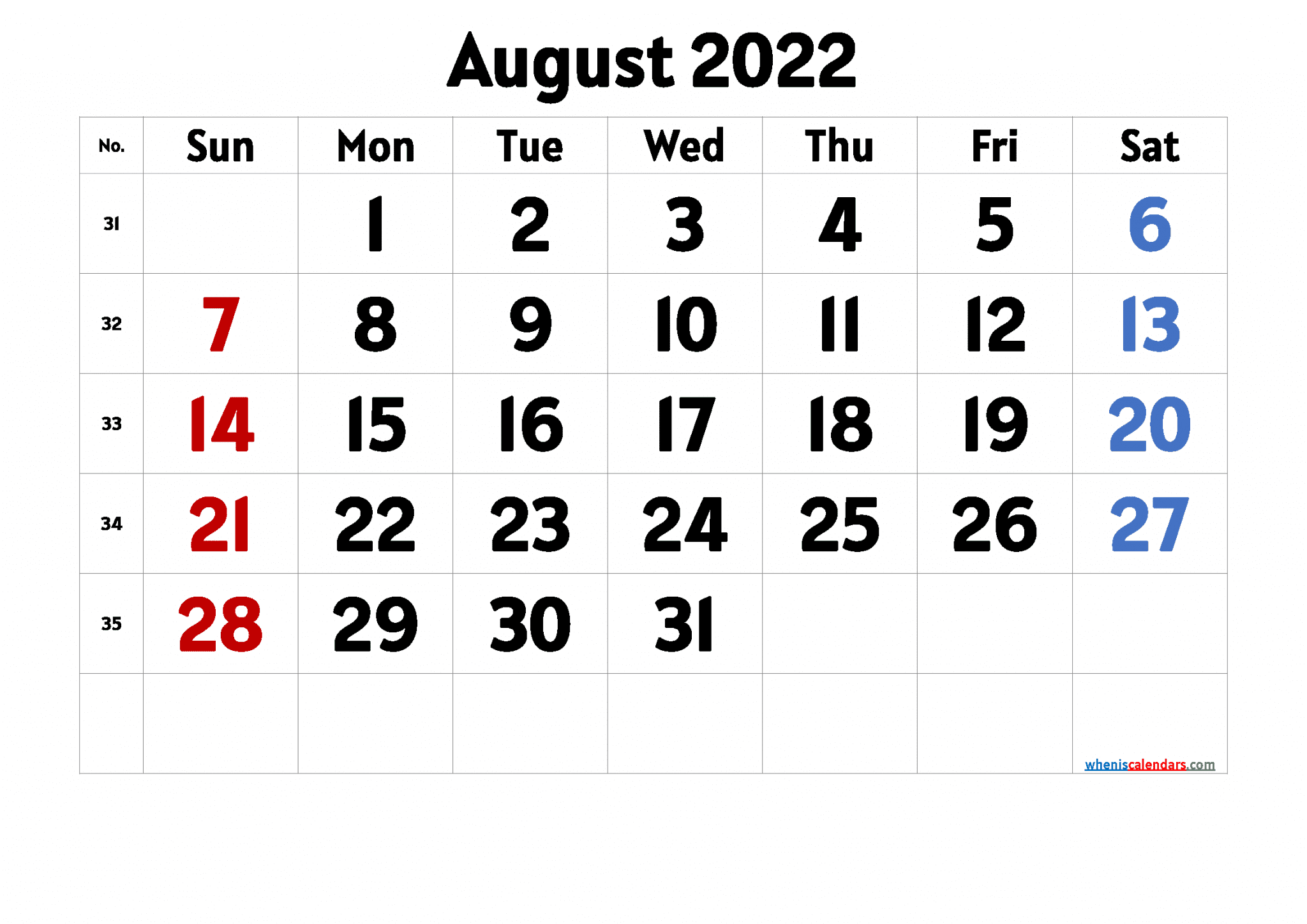 free printable calendar august 2022 with week numbers