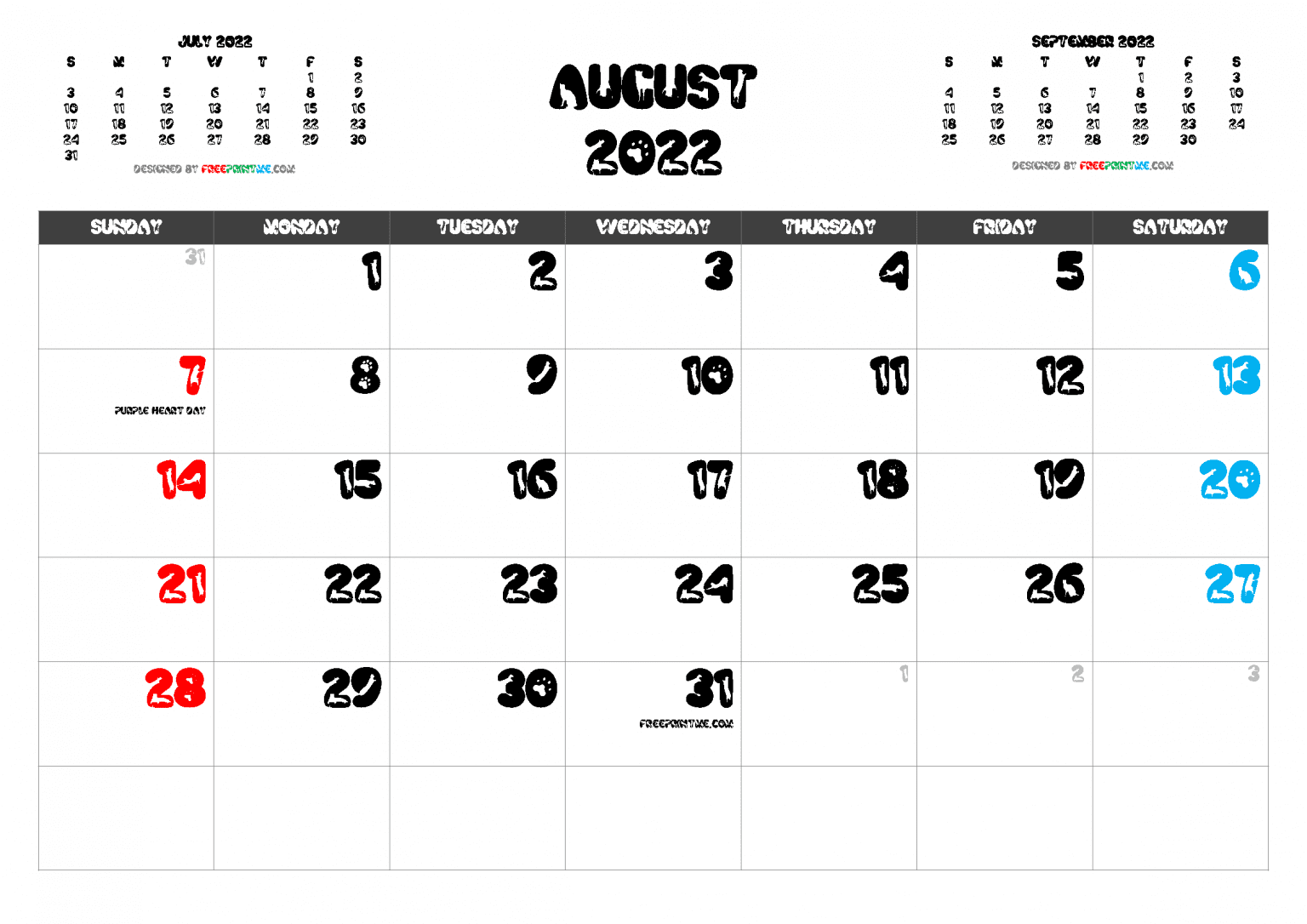 free printable august 2022 calendar with holidays pdf png