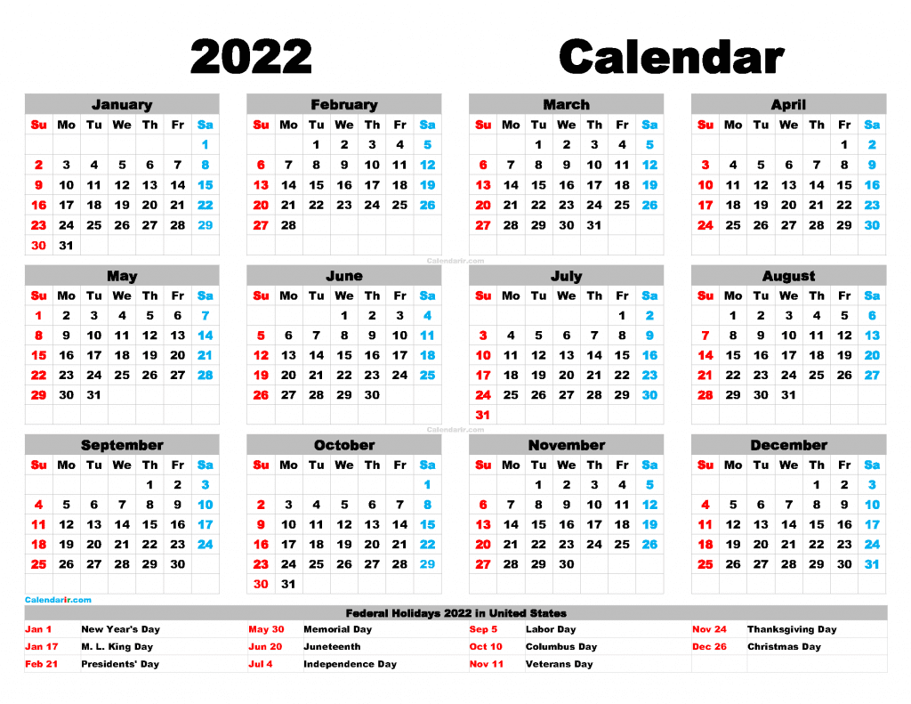 Printable Calendar 2022 Free Pdf