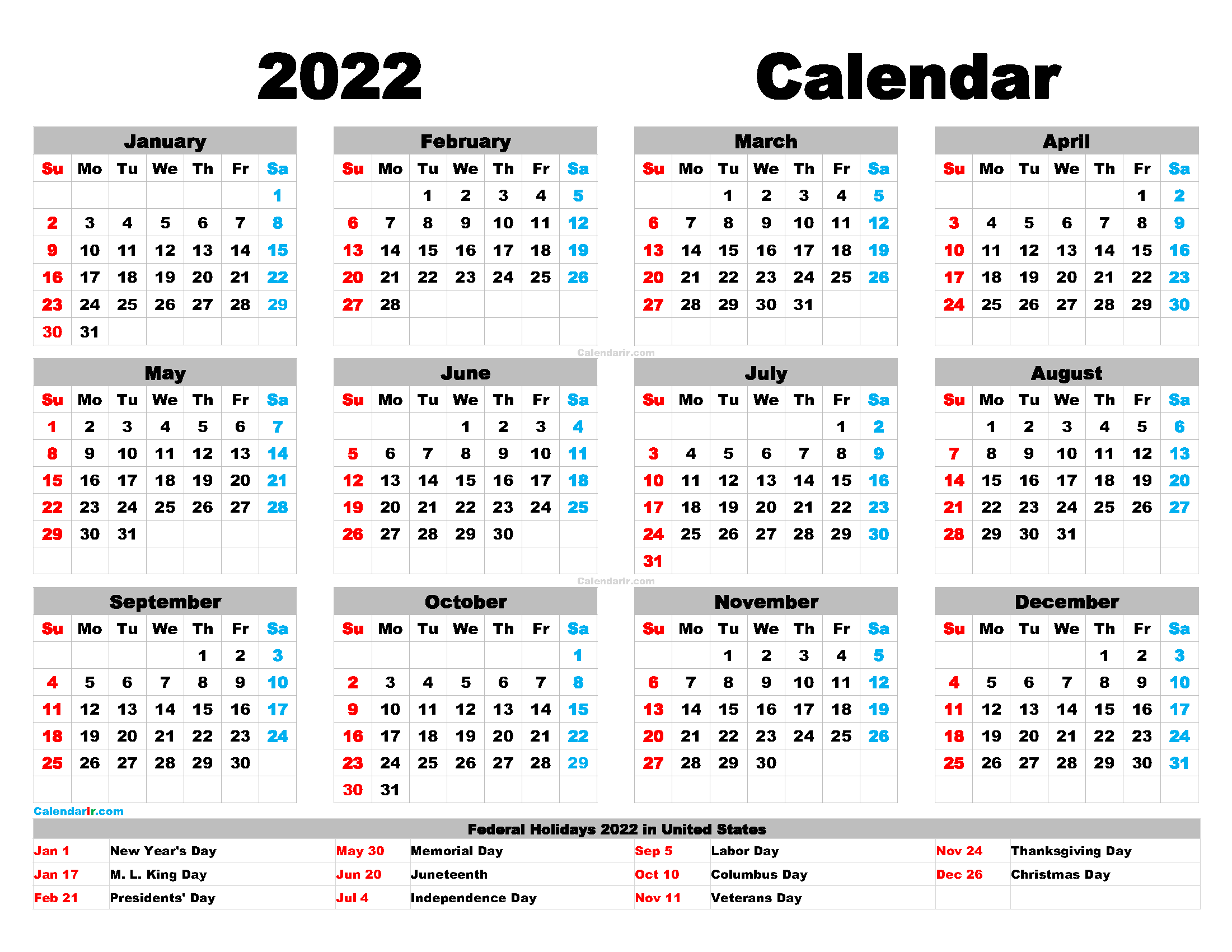 downloadable free printable 2022 calendar with holidays