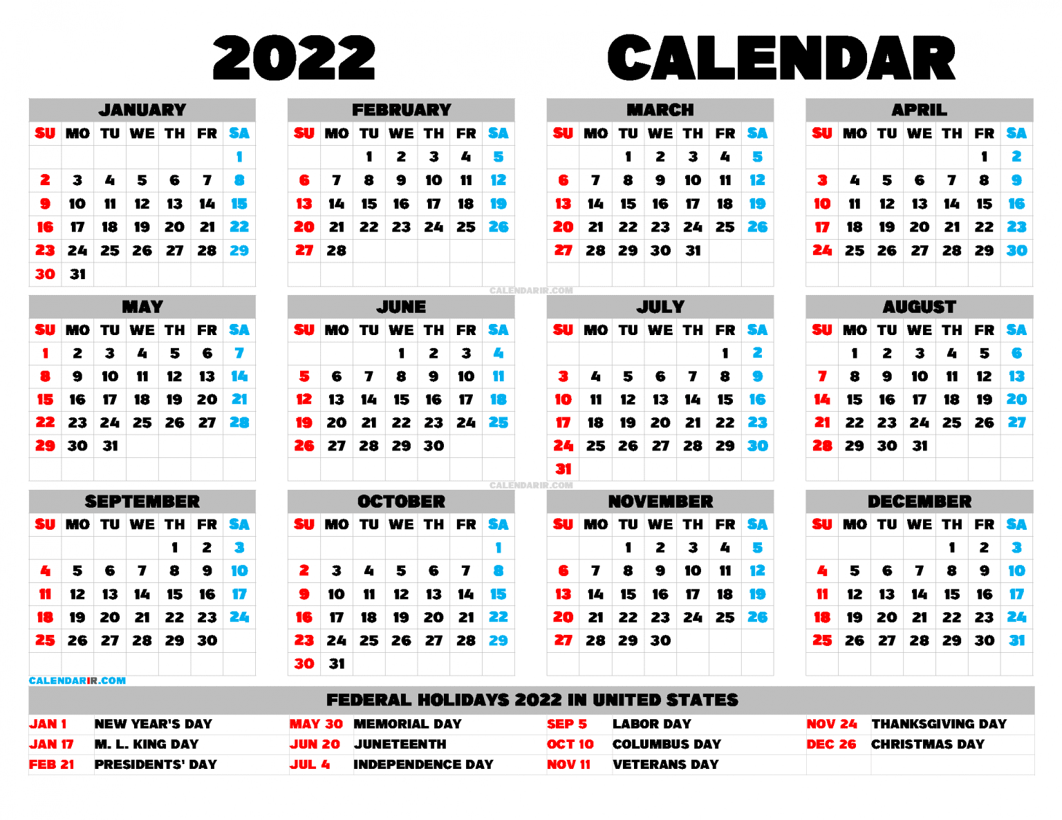 2022 printable mini calendar
