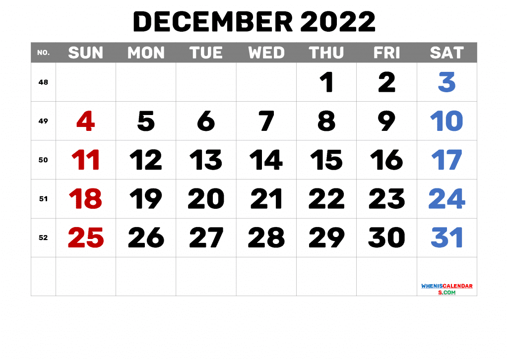 Free Printable Calendar December 2022 with Week Numbers as PDF and high quality Image (landscape format and print with A3, A4)