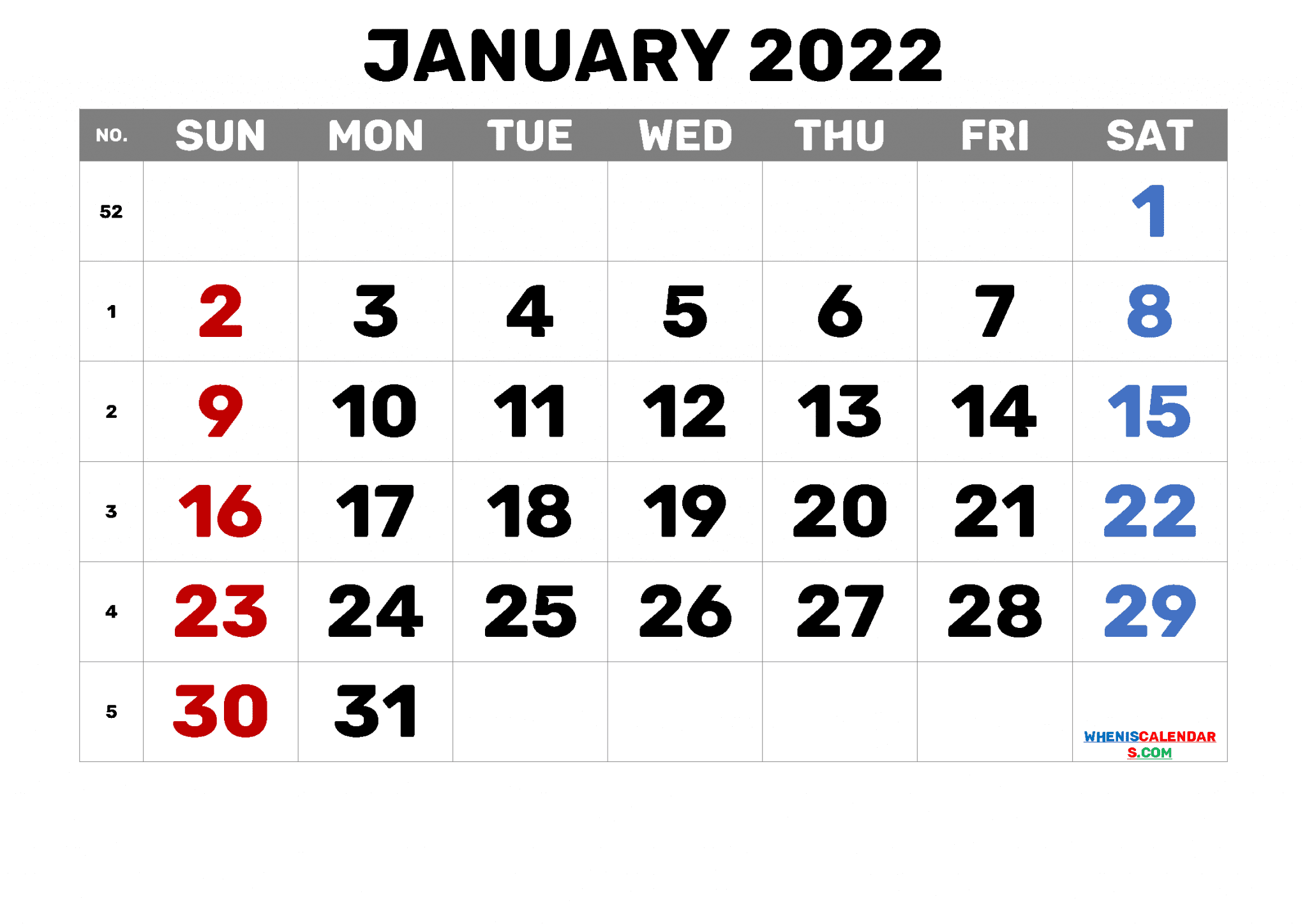 Free Printable Calendar January 2022 With Week Numbers