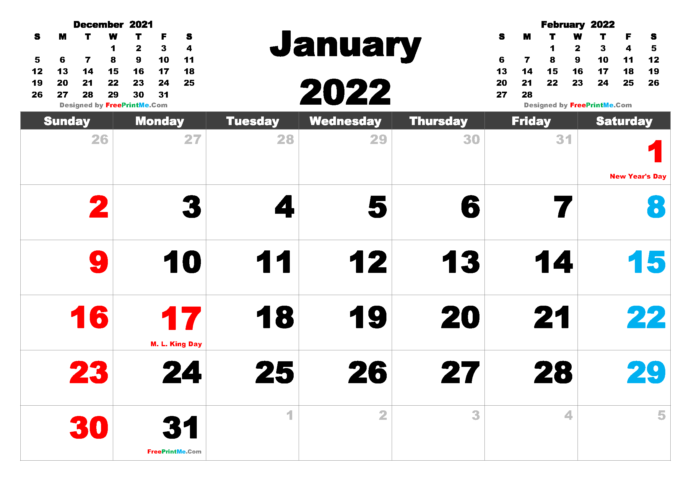 Free Printable January 2022 Calendar With Holidays Pdf, Png