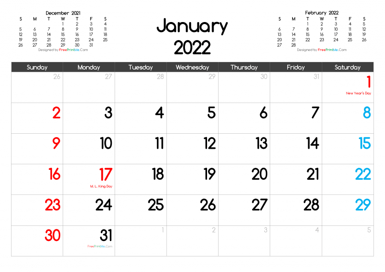Free Printable January 2022 Calendar With Holidays PDF, PNG