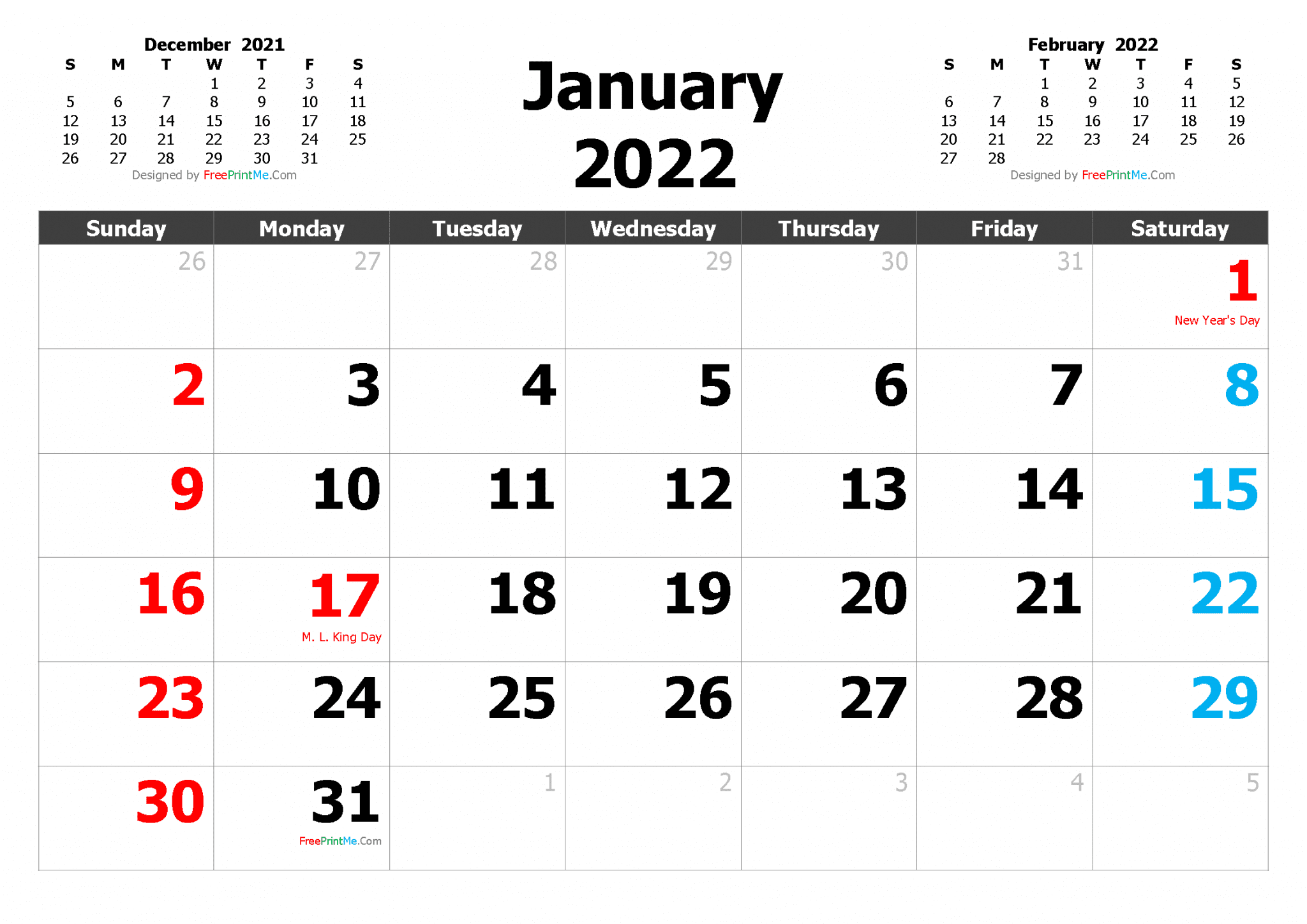 Free Printable January 2022 Calendar With Holidays PDF, PNG