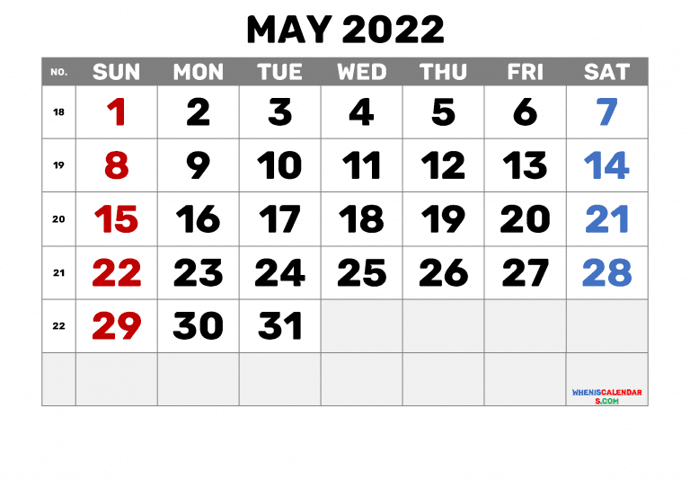Free Printable Calendar May 2022 With Week Numbers