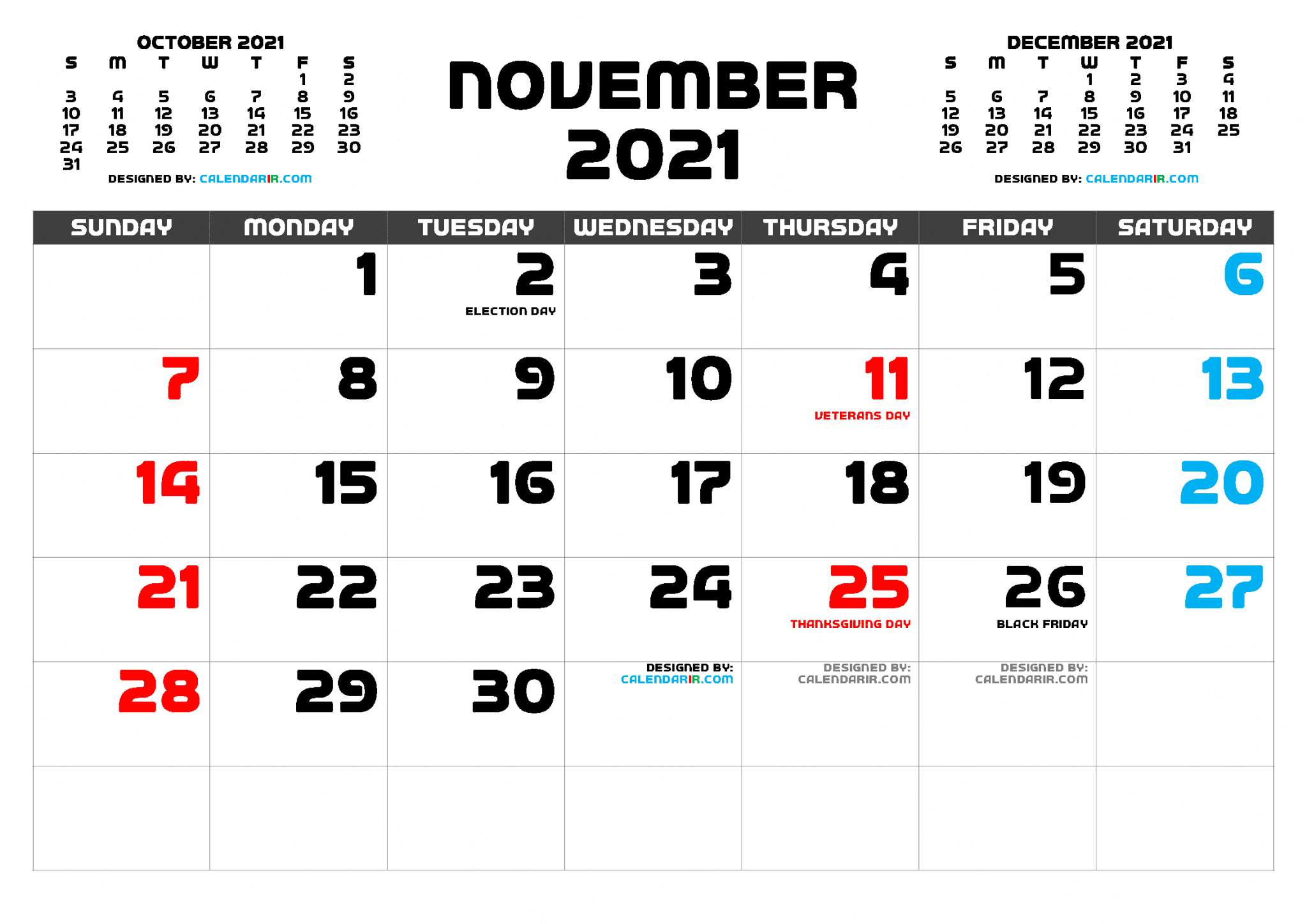 mini calendar november 2021