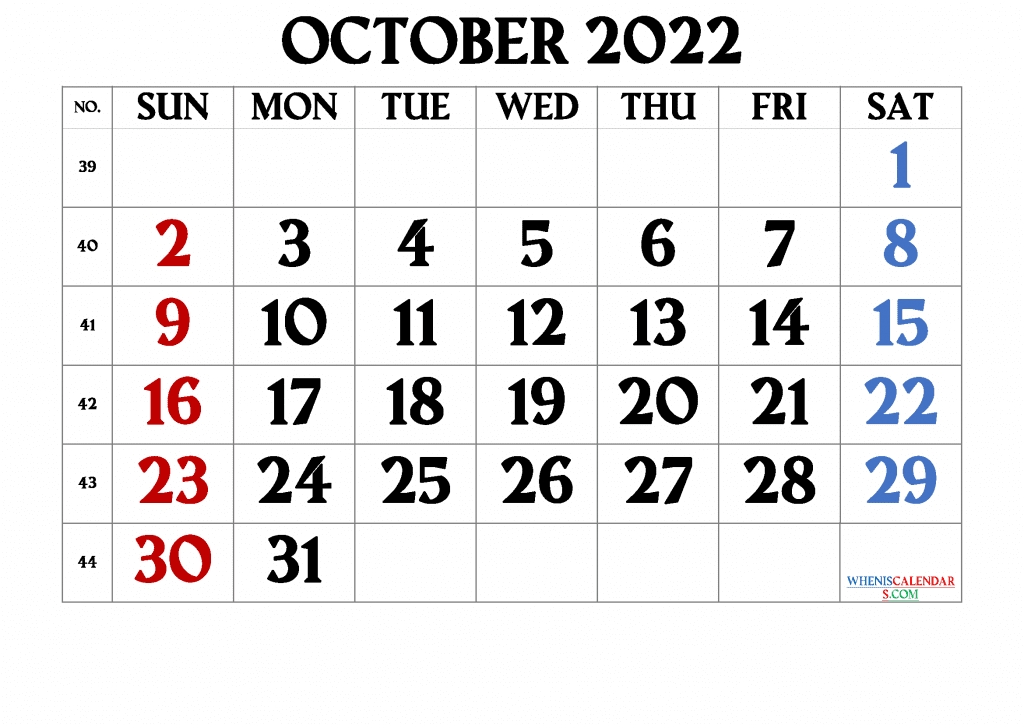 free printable calendar october 2022 with week numbers