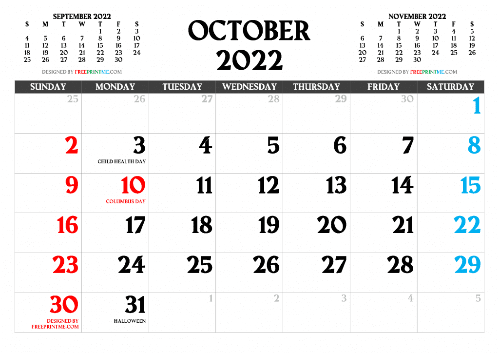 Free Printable October 2022 Calendar With Holidays Pdf, Png