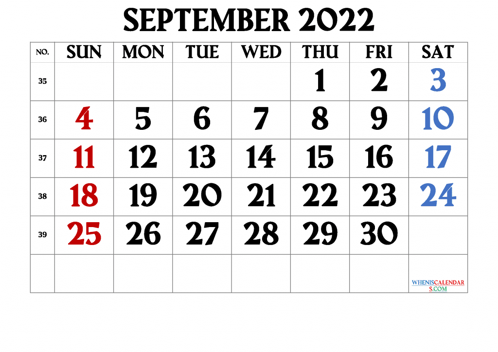 Free Printable Calendar September 2022 With Week Numbers