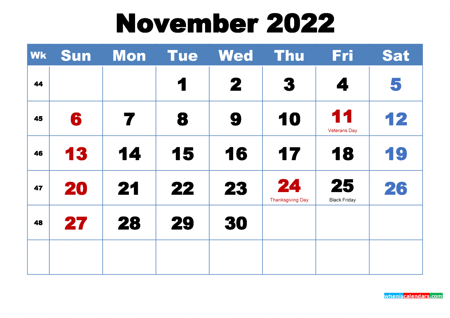 free november 2022 calendar with holidays printable