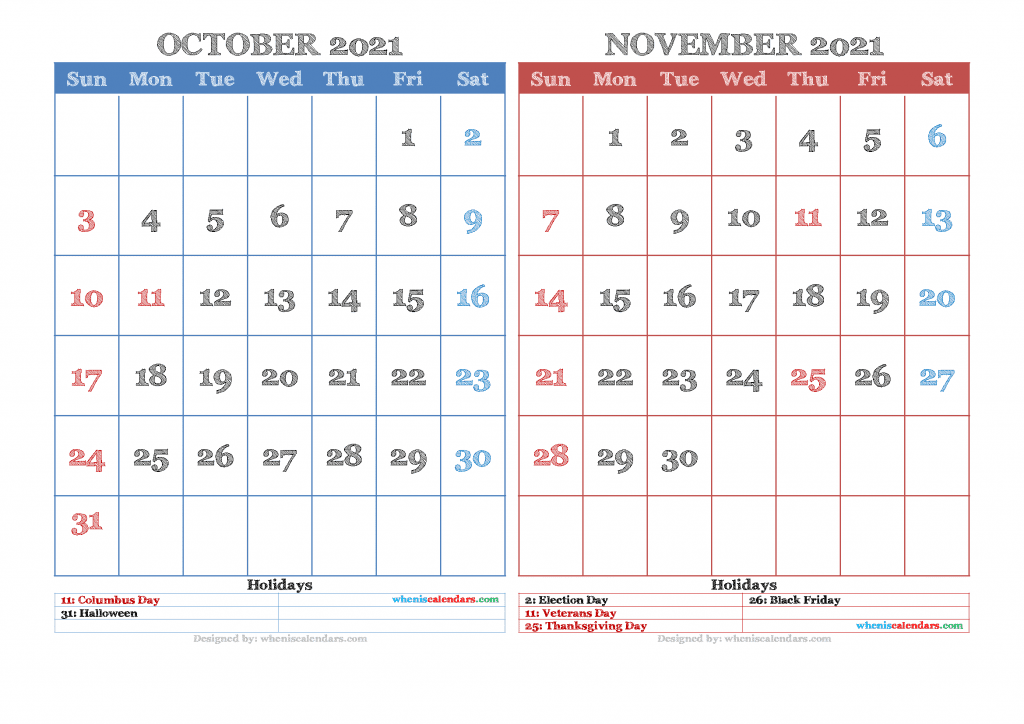 Free October November 2021 Calendar Printable Pdf