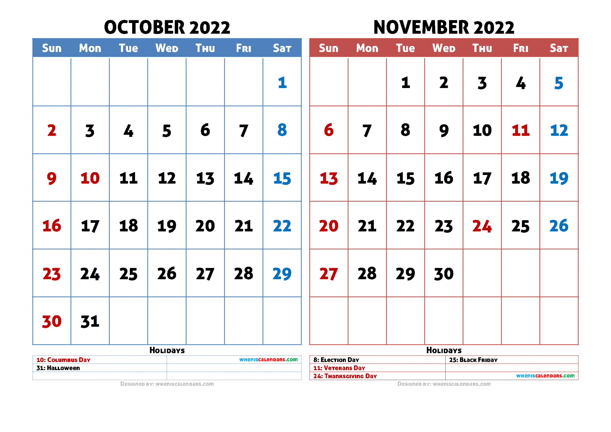 free october november 2022 calendar printable pdf