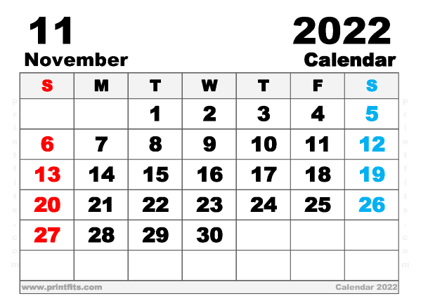 Free Printable November 2022 Calendar A5 Wide Paper Size