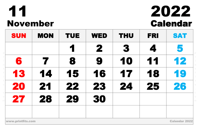 Free Printable November 2022 Calendar Ledger Paper Size