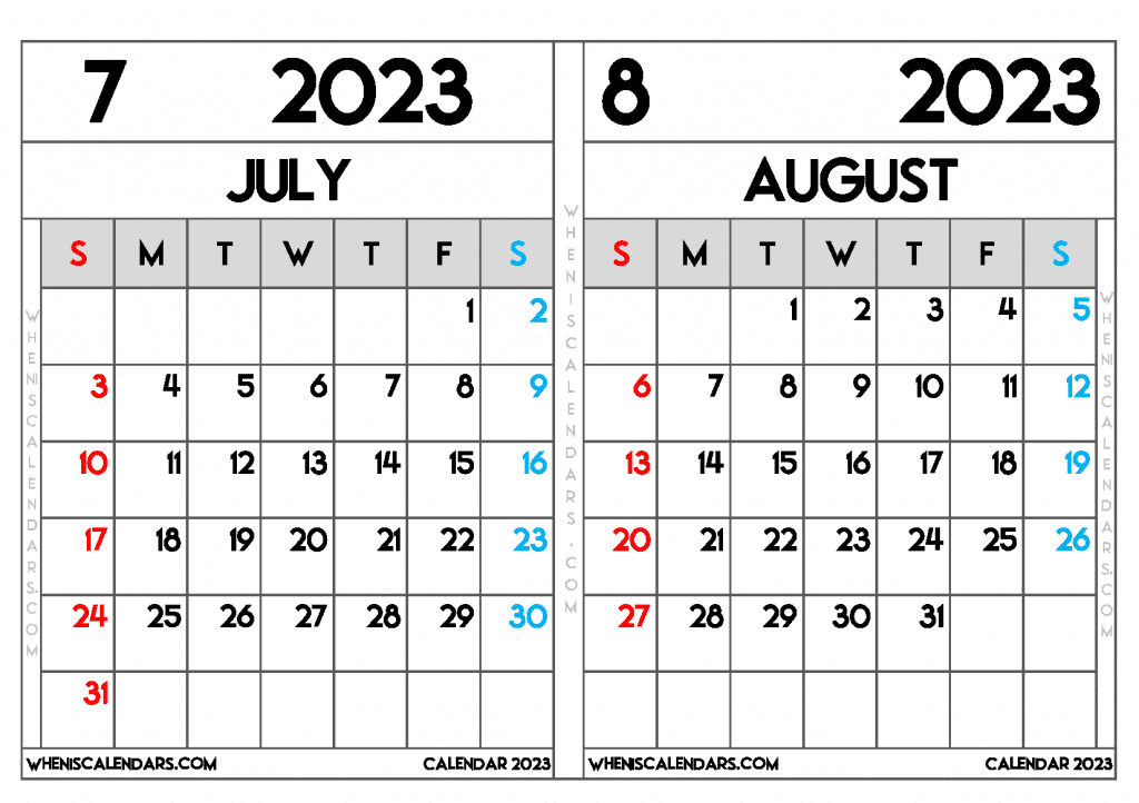 Free July And August 2023 Calendar Printable Pdf In Landscape Two Month
