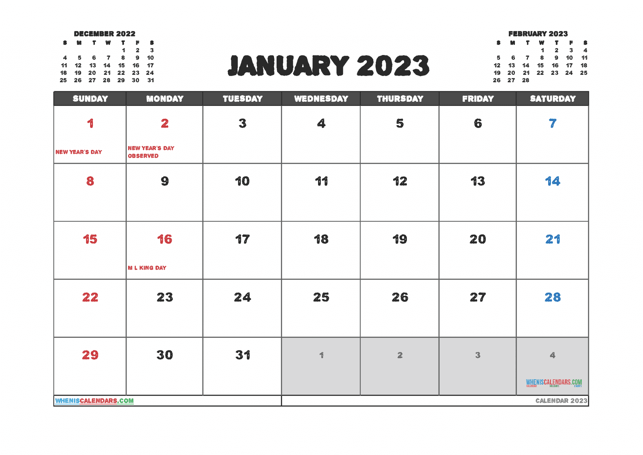 Free January 2023 Calendar With Holidays Printable (PDF And Image)