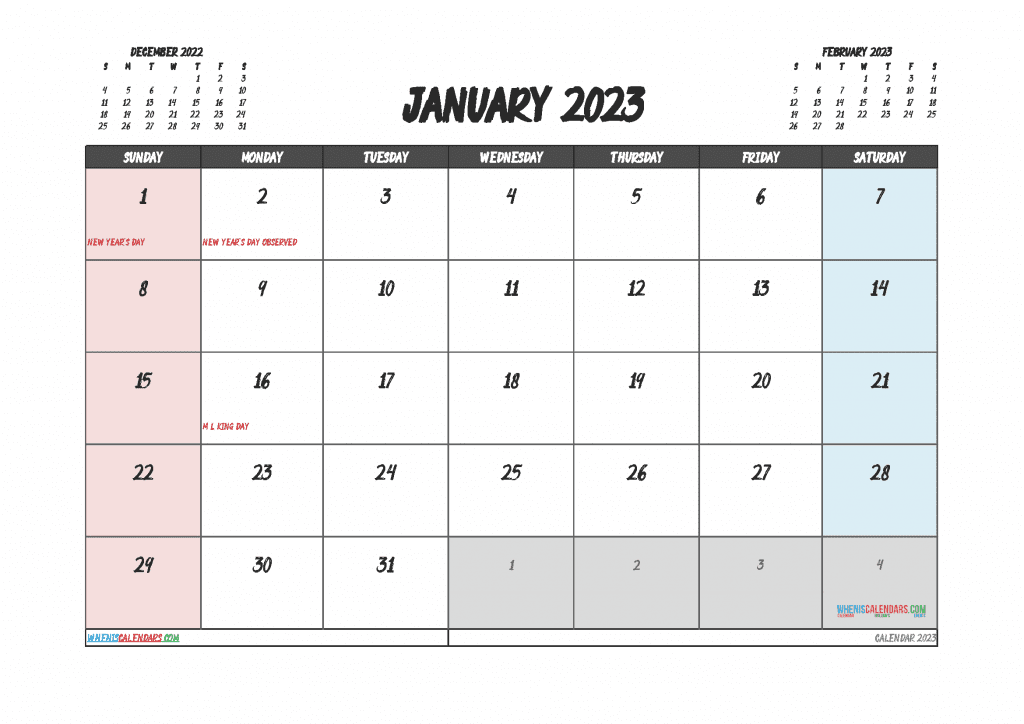 Printable January 2023 Calendar With Holidays Free PDF In Landscape ...