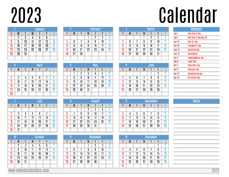 Download 2023 Yearly Calendar With Holidays PDF (Antonio Free Font)