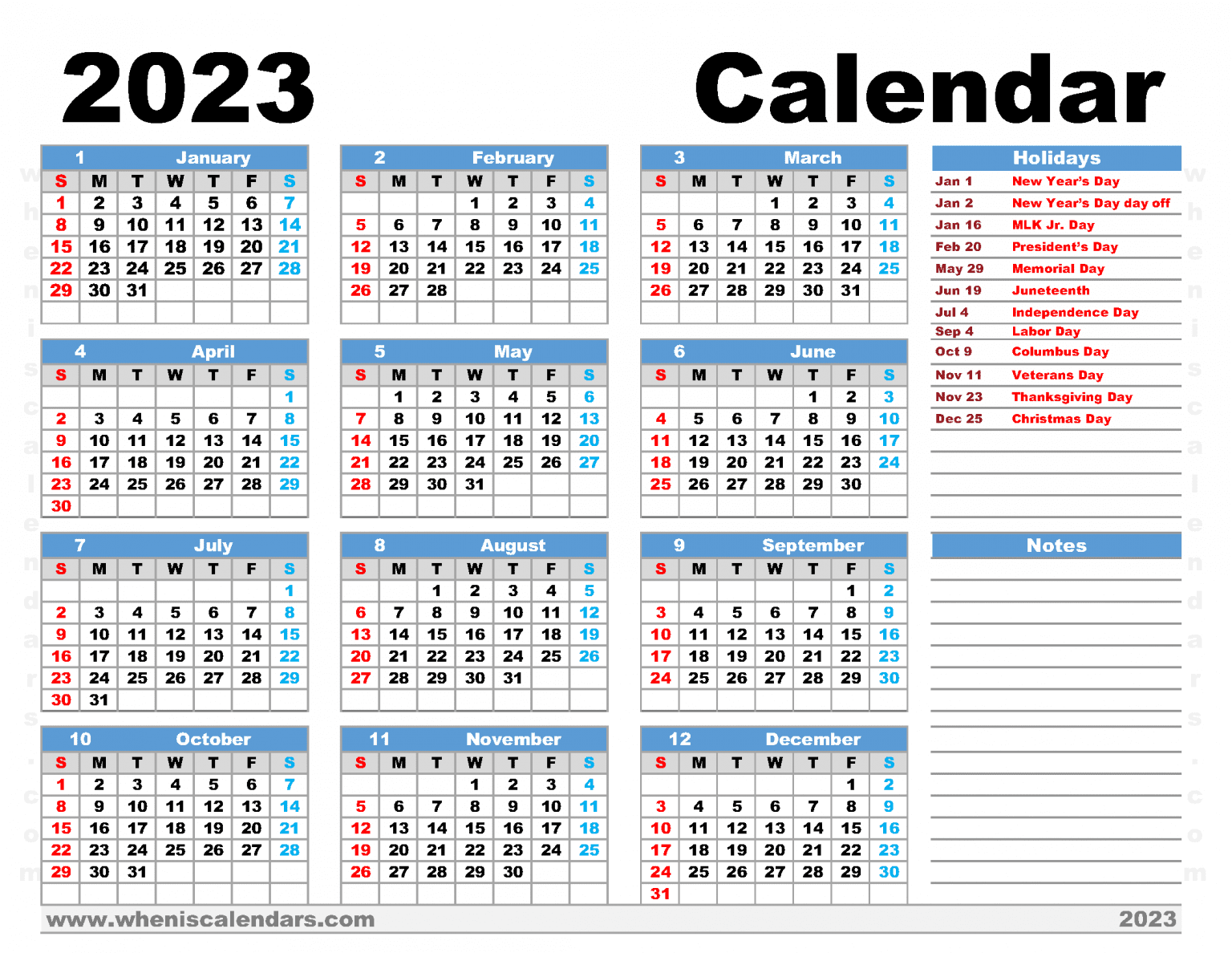 Download 2023 Yearly Calendar With Holidays PDF (Arial Black Font Family)