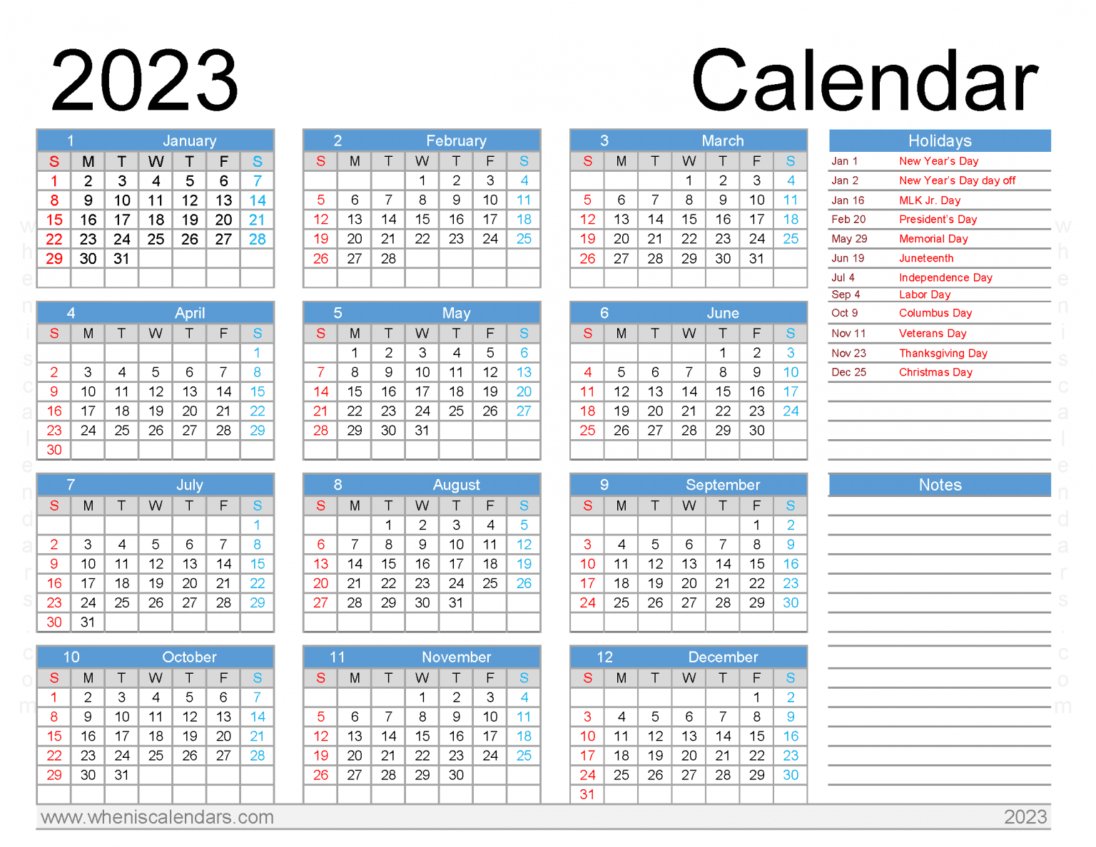 Download 2023 Yearly Calendar With Holidays PDF (Arial Font Family)