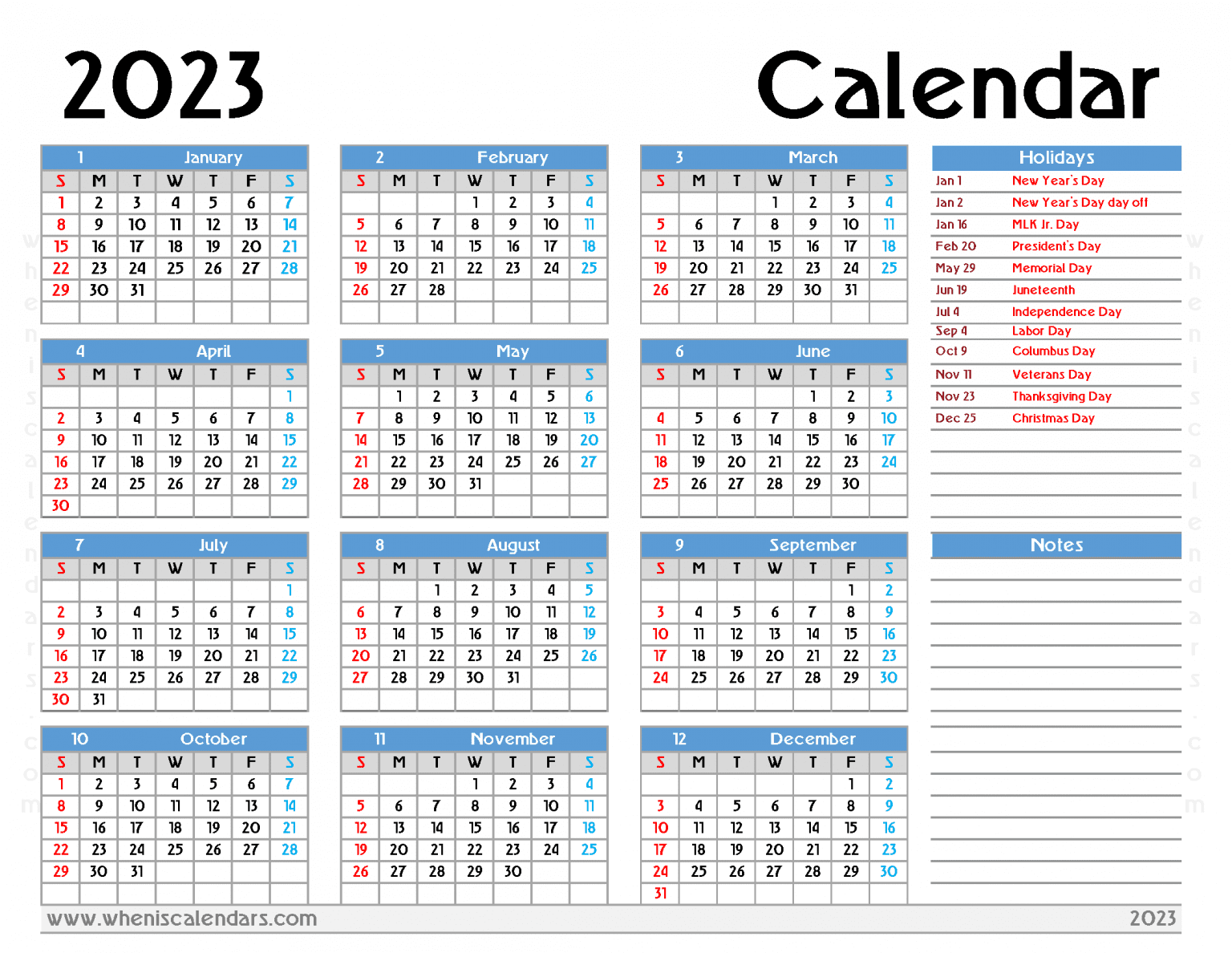 Free Printable 2023 Calendar With Holidays PDF In Landscape And Portrait