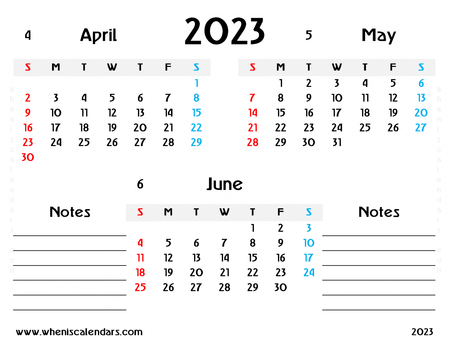 Free April May June 2023 Calendar Printable PDF In Landscape