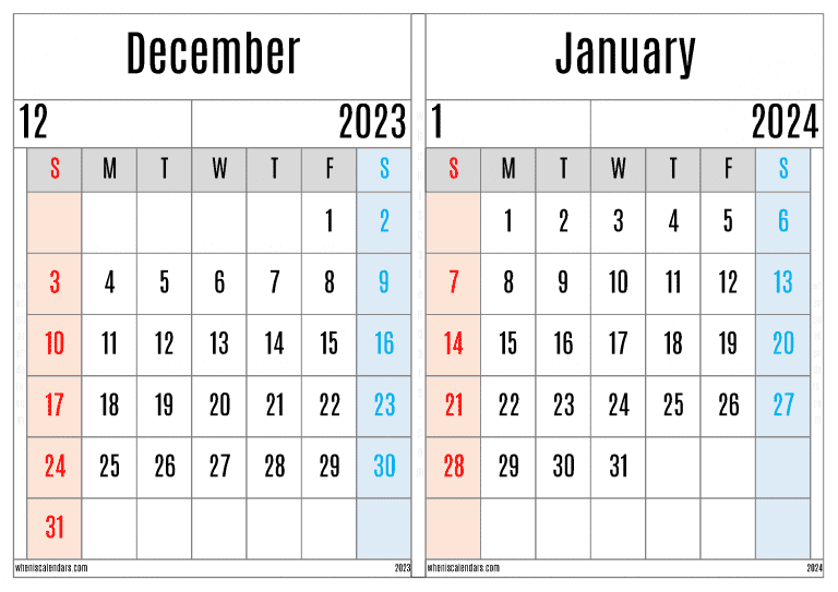 Free December 2023 January 2024 Calendar Printable Two Month