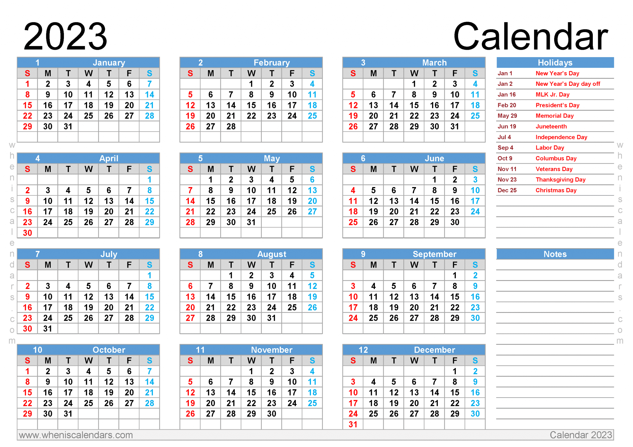 Free Printable 2023 Calendar With Holidays PDF In Landscape And Portrait