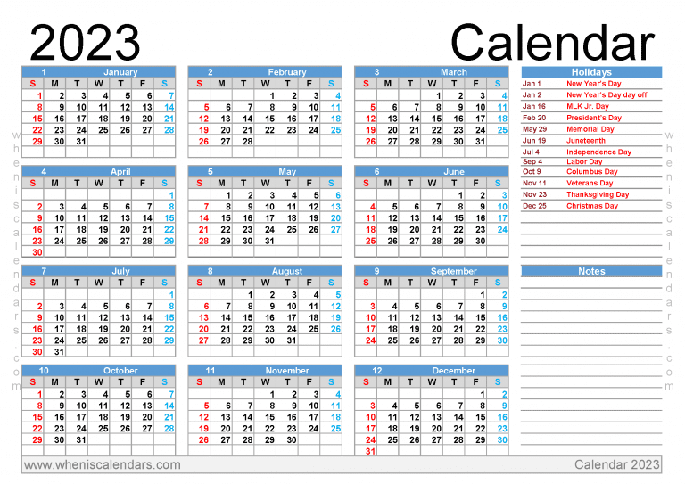 Free Printable 2023 Calendar With Holidays PDF In Landscape And Portrait