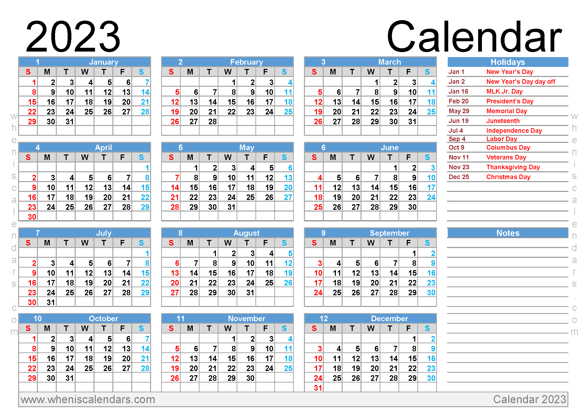 Download 2023 Yearly Calendar With Holidays PDF A4 Landscape