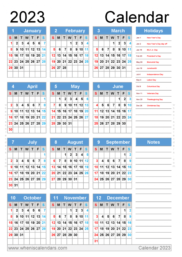 Downloadable Free Printable 2023 Calendar With Holidays 12 Paper Sizes