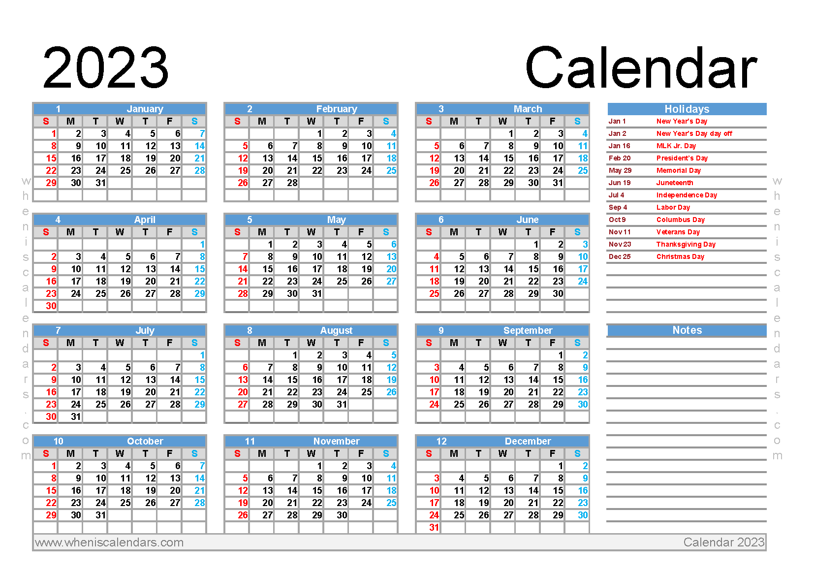 Download 2023 Yearly Calendar With Holidays PDF A5 Landscape
