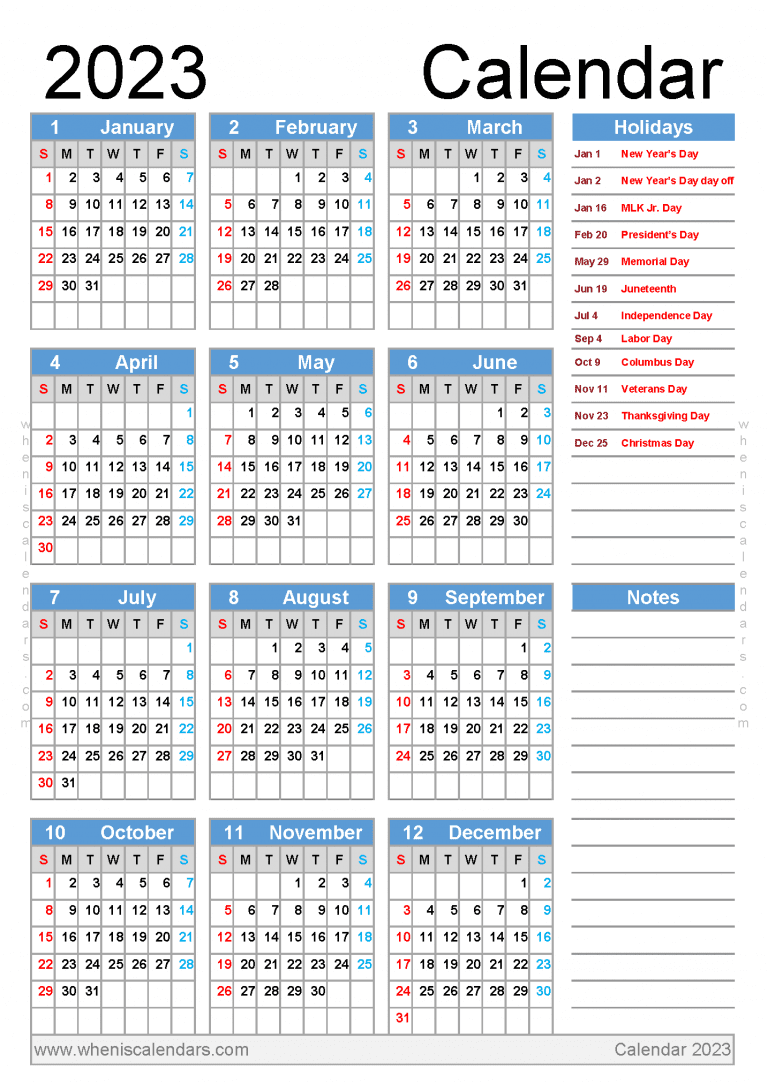 Downloadable Free Printable 2023 Calendar With Holidays 12 Paper Sizes