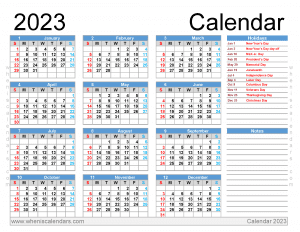 Free Printable 2023 Calendar With Holidays PDF In Landscape