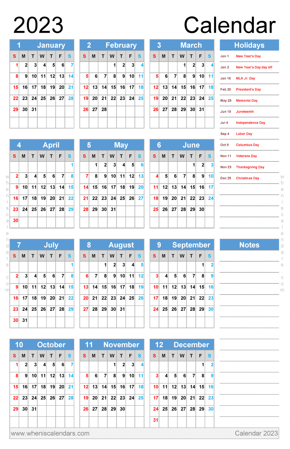 Downloadable Free Printable 2023 Calendar With Holidays 12 Paper Sizes