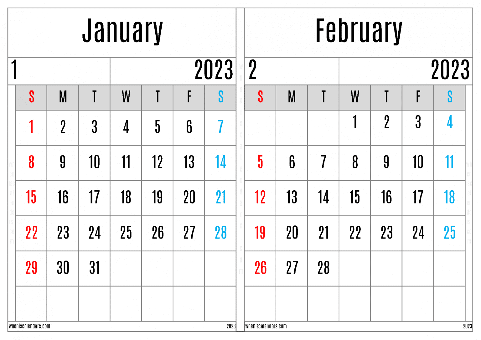 Free January And February 2023 Calendar Printable PDF In Landscape