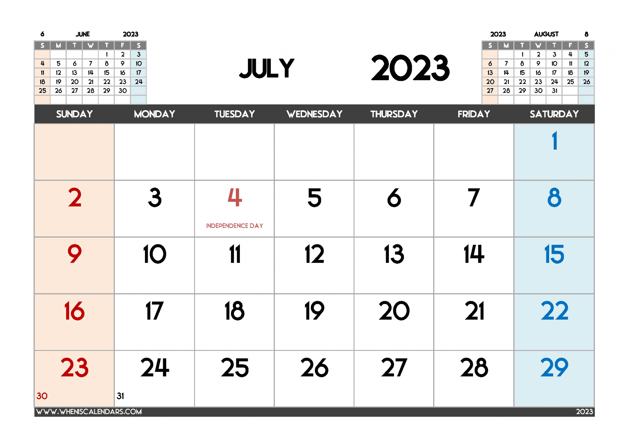 Free Printable July 2023 Calendar With Holidays PDF In Landscape