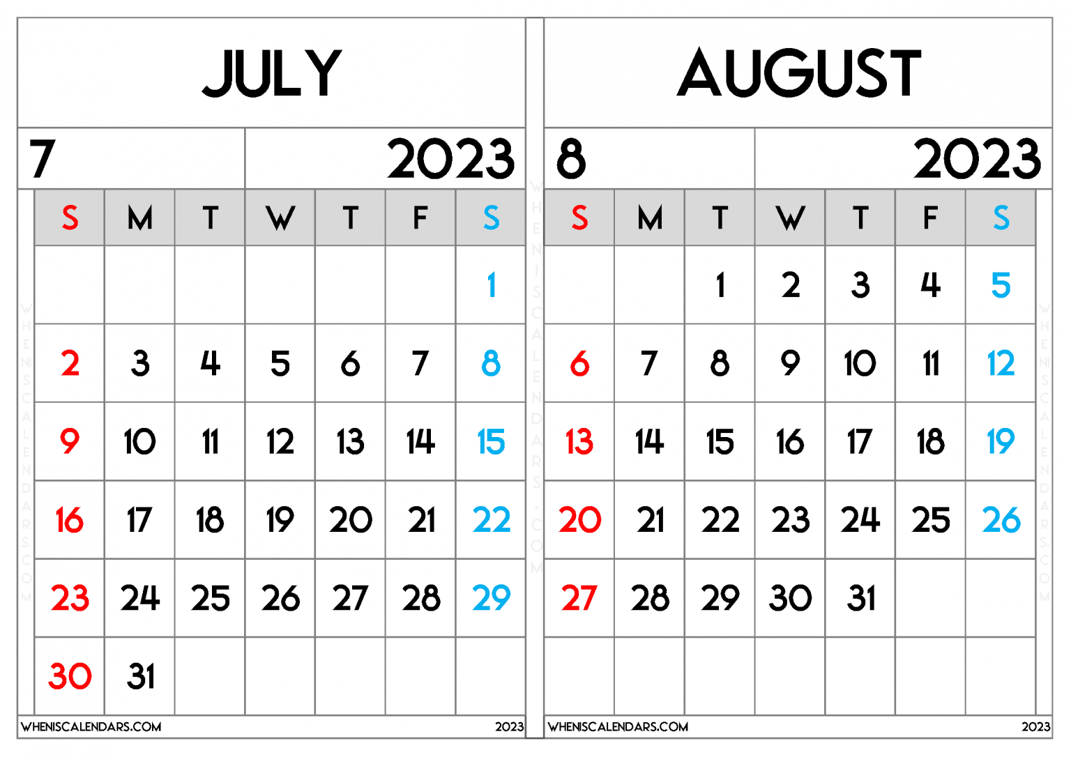 Free July And August 2024 Calendar Printable