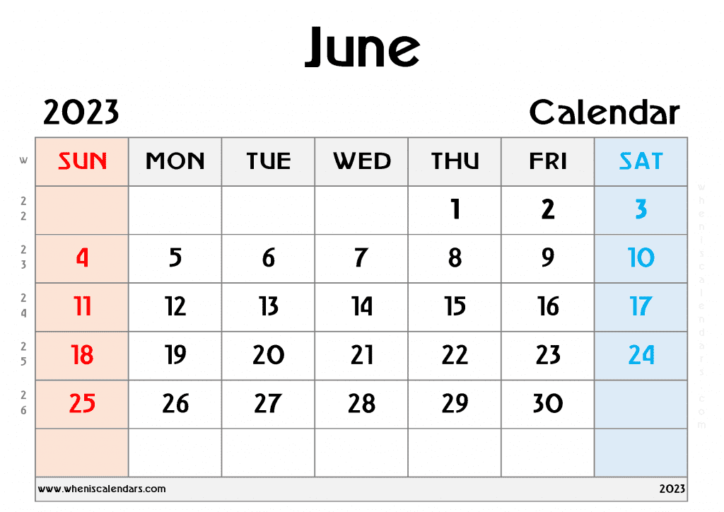Free Printable June 2023 Calendar With Week Numbers PDF In Landscape