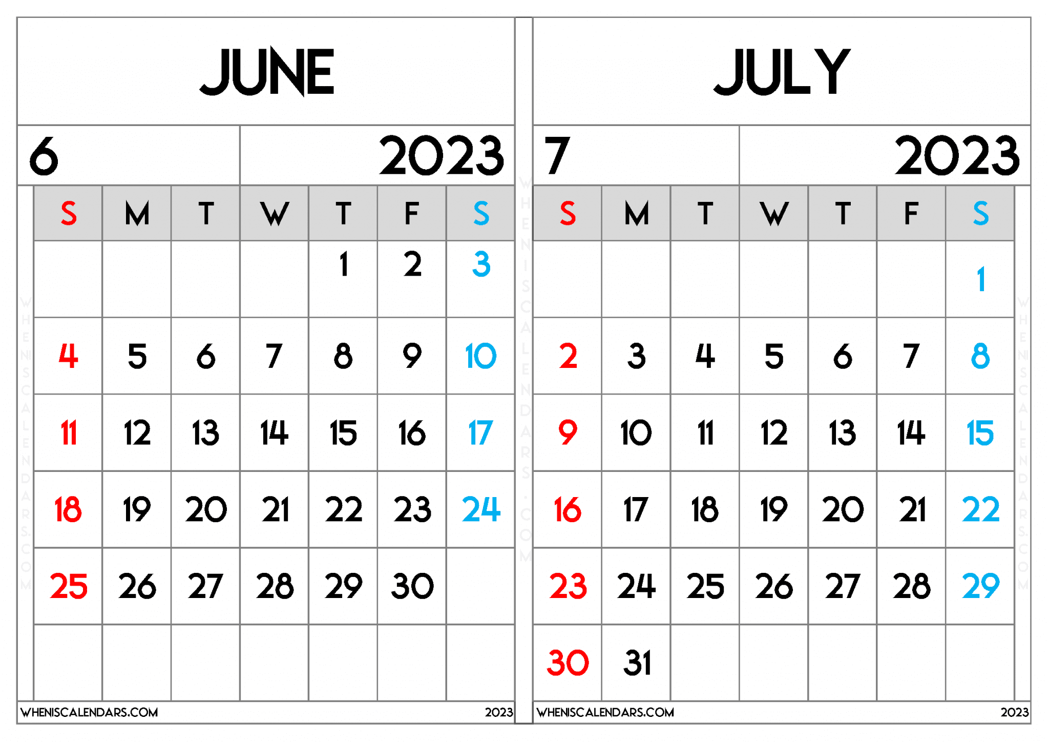 Blank June And July 2023 Calendar Printable Free