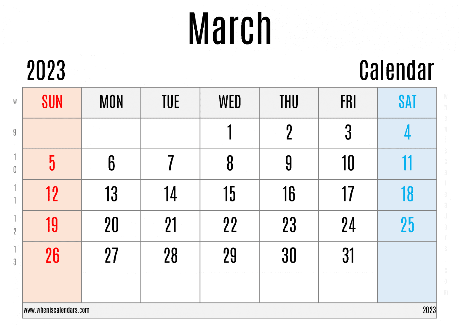 Free Printable March 2023 Calendar With Week Numbers PDF In Landscape