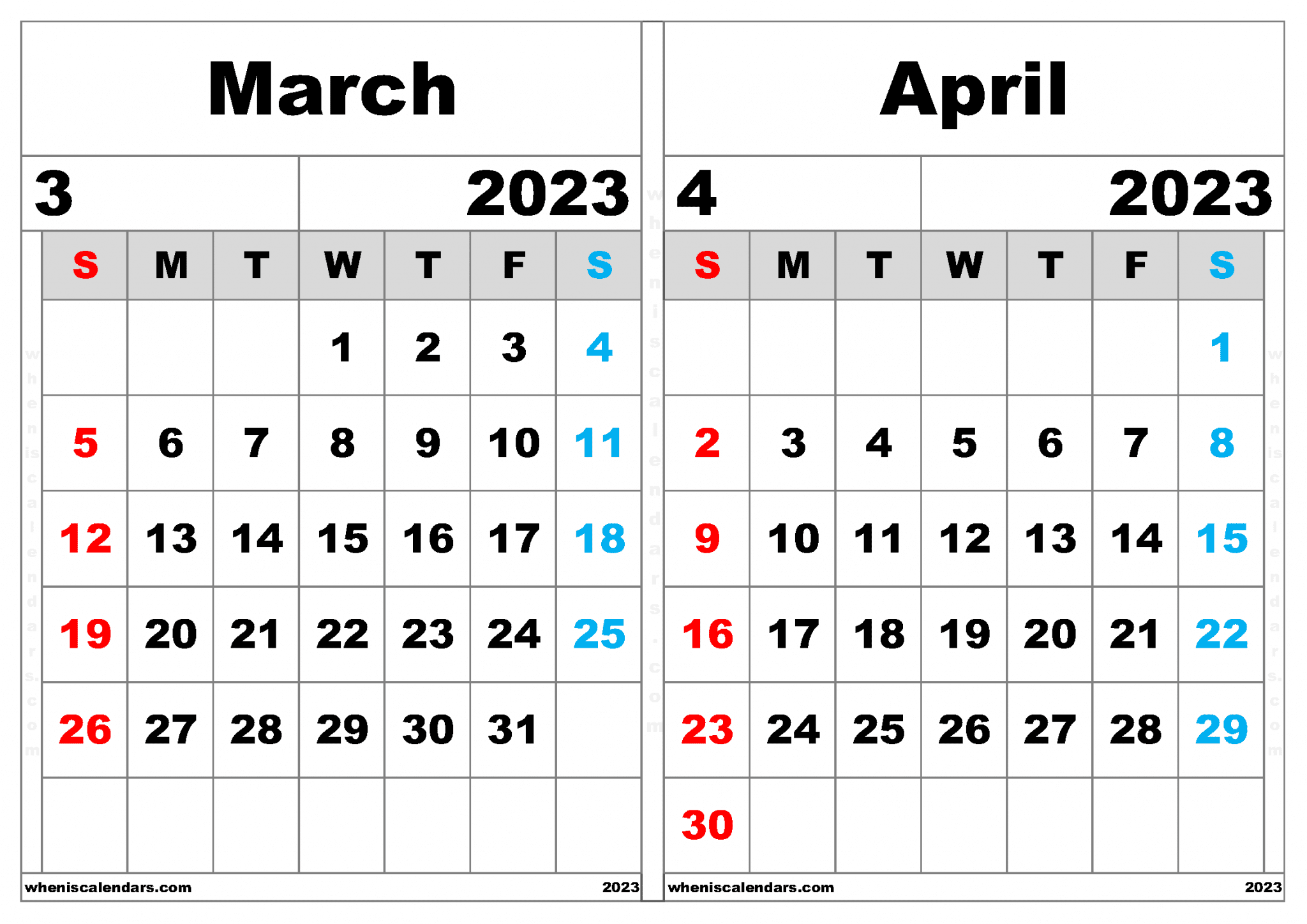 Free March And April 2023 Calendar Printable PDF In Landscape