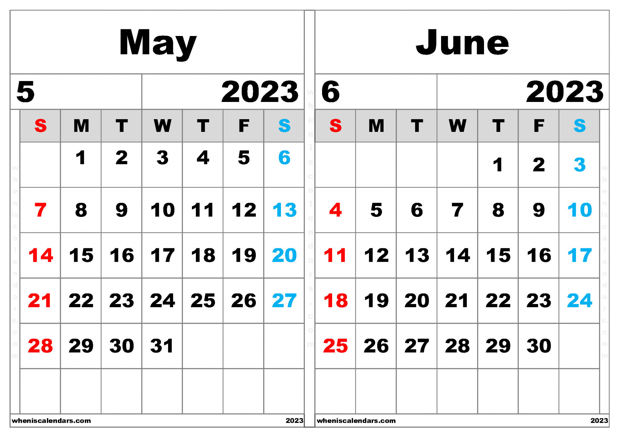 Free May And June 2023 Calendar Printable PDF In Landscape Two Month