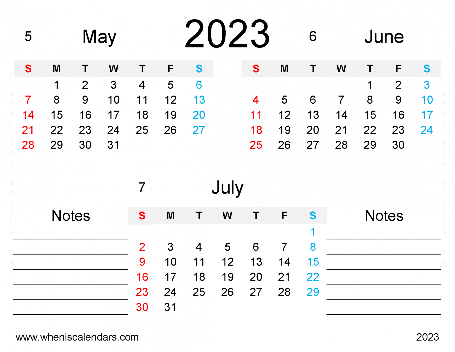 Free May June July 2023 Calendar Printable PDF In Landscape