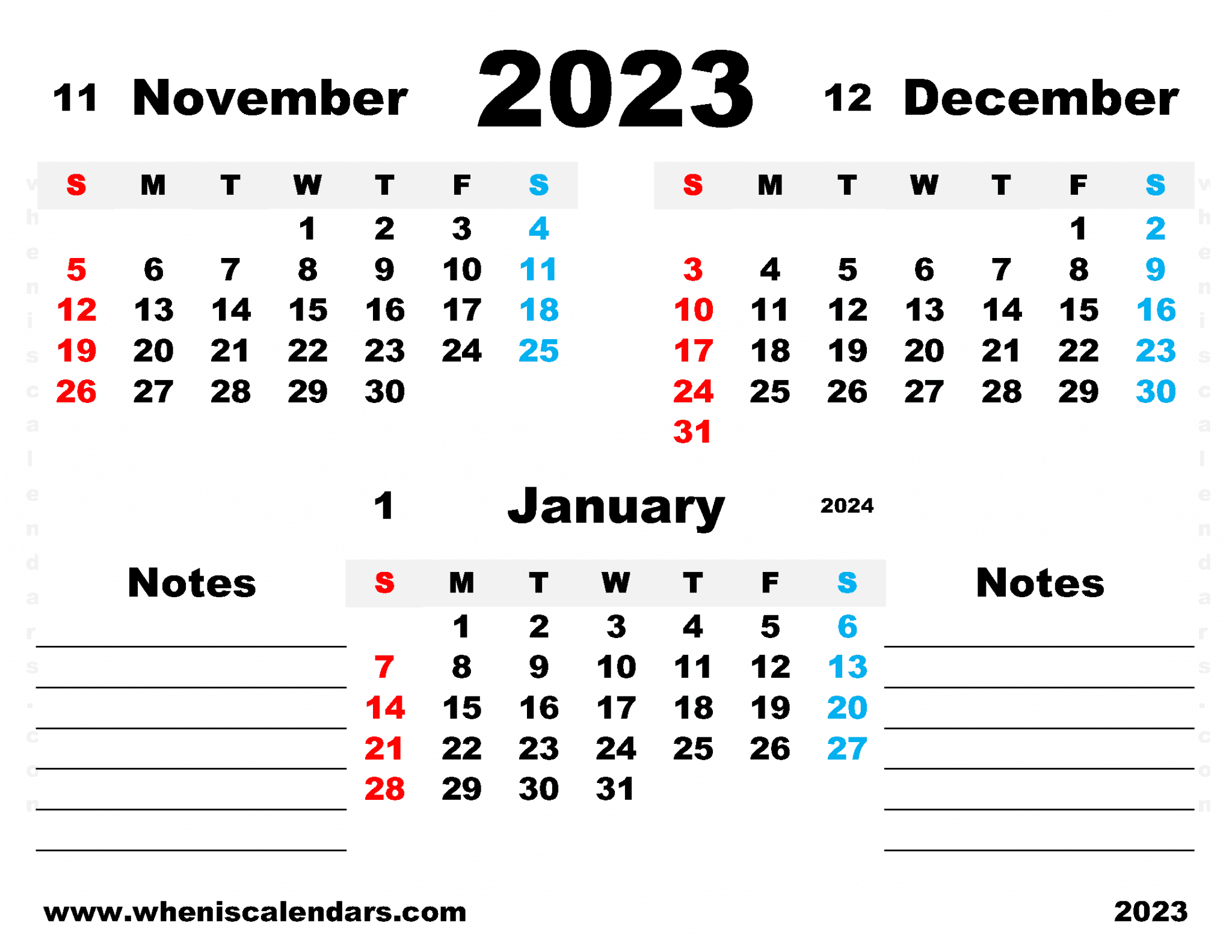 Free November December 2023 January 2024 Calendar Printable Quarterly
